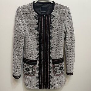 Nanette Lepore Woven Beaded Stitched Black White Patterned Long Blazer Jacket